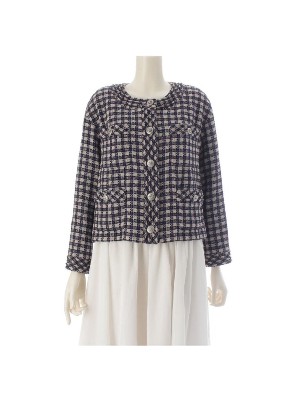 Chanel Cotton Wool Collarless Jacket Blue Gray 38